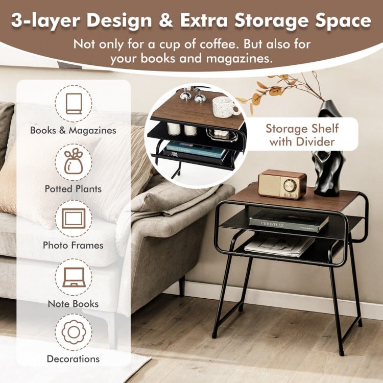 3-tier compact side end table with wood grain top and storage shelf, ideal for books and magazines in modern interiors.